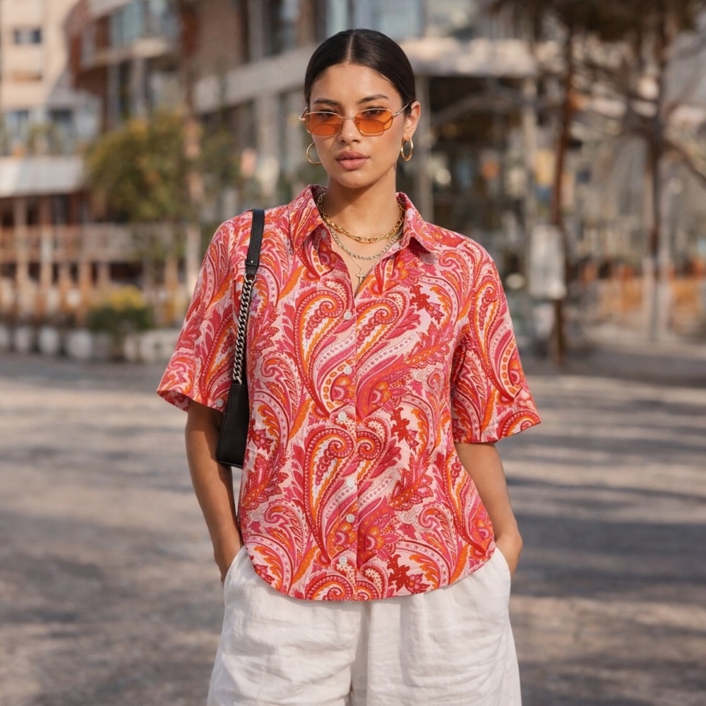 Lands’ End Retro Paisley Button Down Pink Orange Boho No Iron Pinpoint Oxford A1